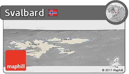 Shaded Relief Panoramic Map of Svalbard, darken, desaturated