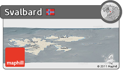 Shaded Relief Panoramic Map of Svalbard, darken, semi-desaturated