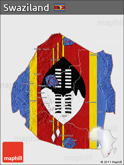 Flag 3D Map of Swaziland, single color outside, bathymetry sea, flag aligned to the middle
