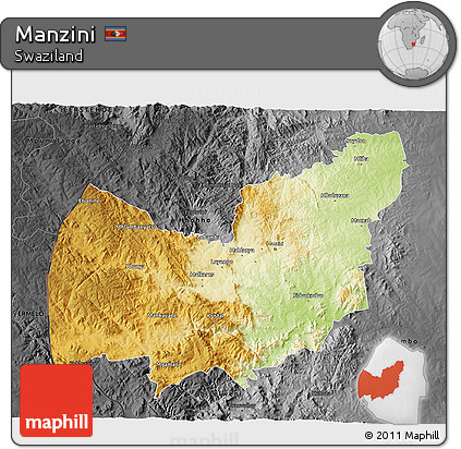 Physical 3D Map of Manzini, darken, desaturated
