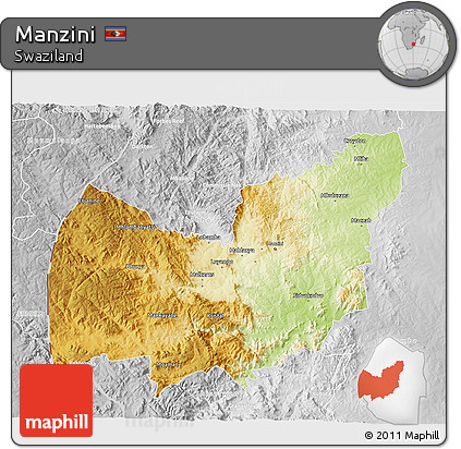 Physical 3D Map of Manzini, lighten, desaturated