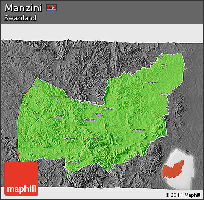 Political 3D Map of Manzini, darken, desaturated