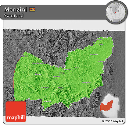 Political 3D Map of Manzini, darken, desaturated
