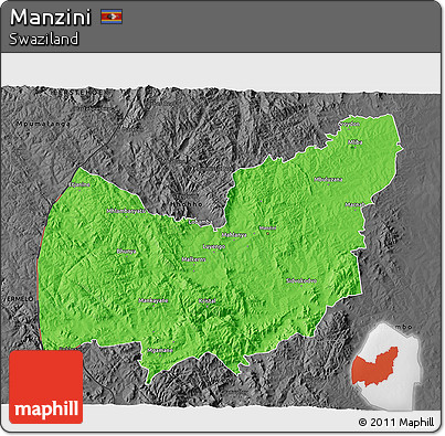 Political 3D Map of Manzini, darken, desaturated
