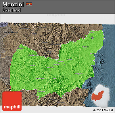 Political 3D Map of Manzini, darken, semi-desaturated