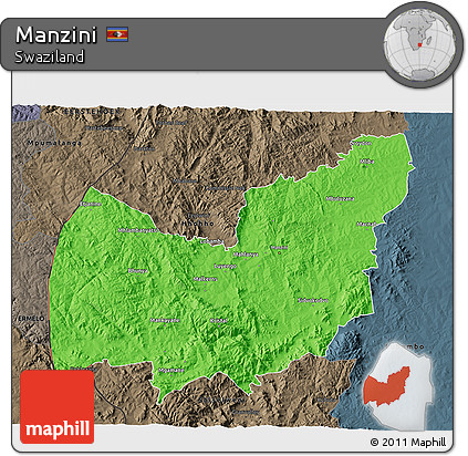 Political 3D Map of Manzini, darken, semi-desaturated