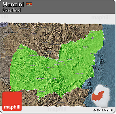 Political 3D Map of Manzini, darken, semi-desaturated