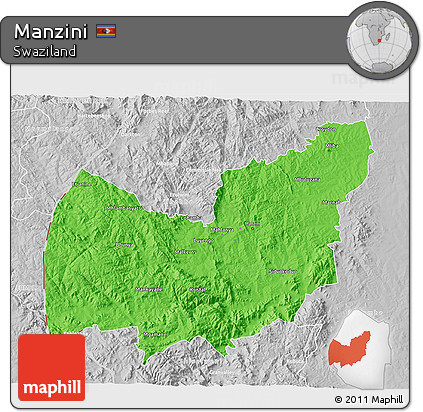 Political 3D Map of Manzini, lighten, desaturated