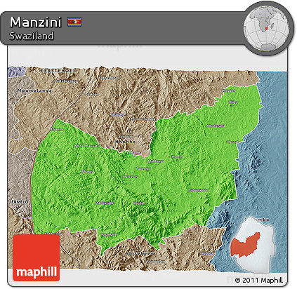 Political 3D Map of Manzini, semi-desaturated