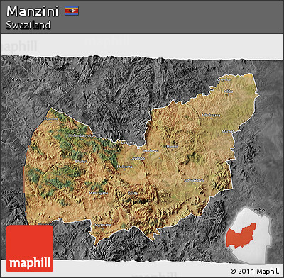 Satellite 3D Map of Manzini, darken, desaturated
