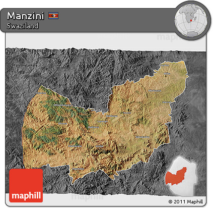 Satellite 3D Map of Manzini, darken, desaturated