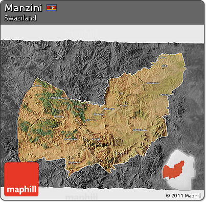 Satellite 3D Map of Manzini, darken, desaturated
