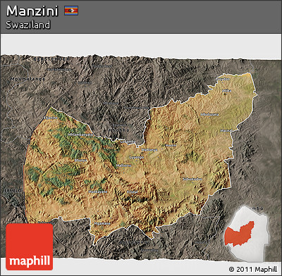Satellite 3D Map of Manzini, darken, semi-desaturated