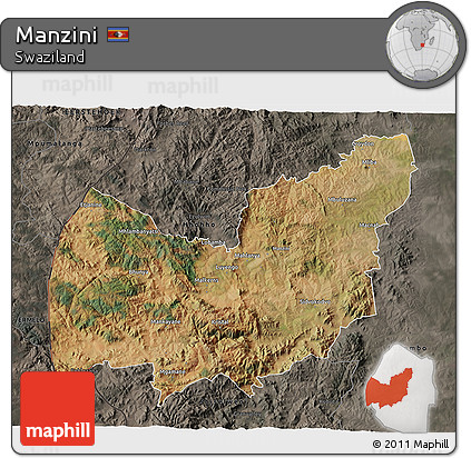 Satellite 3D Map of Manzini, darken, semi-desaturated