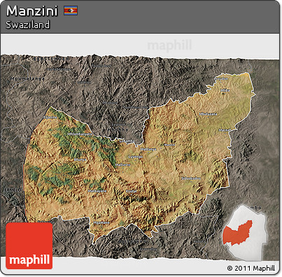 Satellite 3D Map of Manzini, darken, semi-desaturated