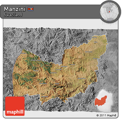 Satellite 3D Map of Manzini, desaturated