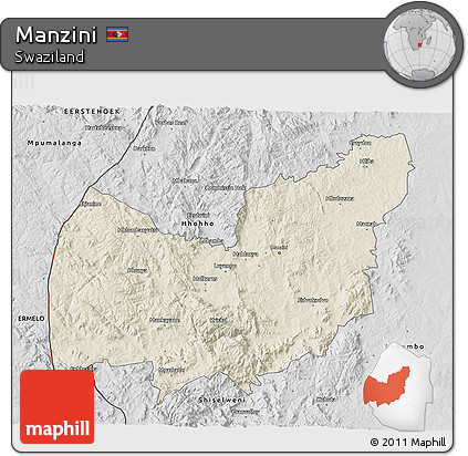Shaded Relief 3D Map of Manzini, desaturated
