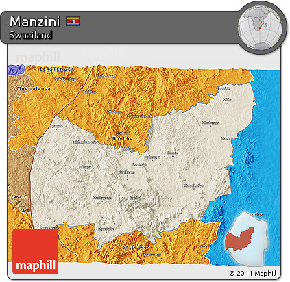 Shaded Relief 3D Map of Manzini, political outside