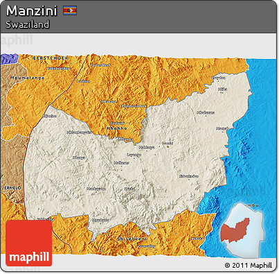 Shaded Relief 3D Map of Manzini, political outside
