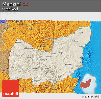 Shaded Relief 3D Map of Manzini, political outside