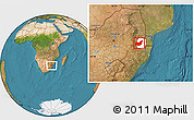 Satellite Location Map of Manzini, highlighted country, within the entire country