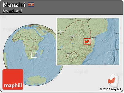 Savanna Style Location Map of Manzini, within the entire country, hill shading