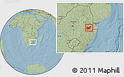 Savanna Style Location Map of Manzini, within the entire country, hill shading