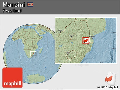 Savanna Style Location Map of Manzini, highlighted country, hill shading