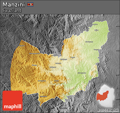 Physical Map of Manzini, darken, desaturated