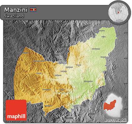 Physical Map of Manzini, darken, desaturated
