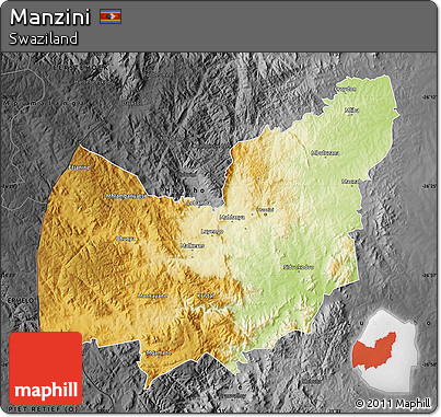 Physical Map of Manzini, darken, desaturated