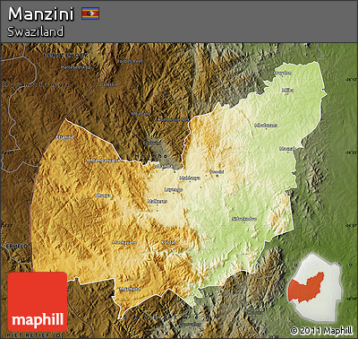 Physical Map of Manzini, darken