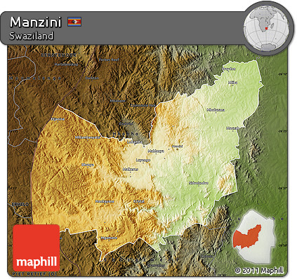 Physical Map of Manzini, darken