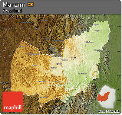 Physical Map of Manzini, darken