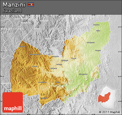 Physical Map of Manzini, lighten, desaturated