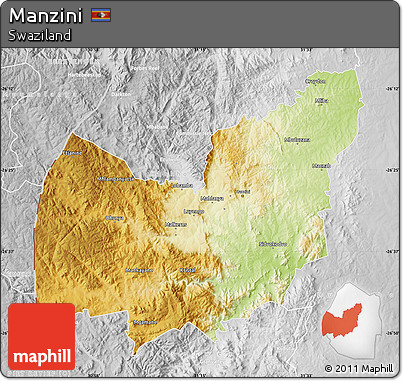 Physical Map of Manzini, lighten, desaturated