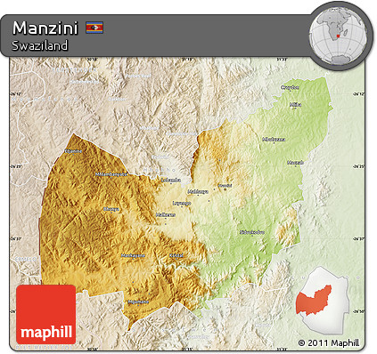 Physical Map of Manzini, lighten