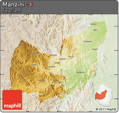 Physical Map of Manzini, lighten