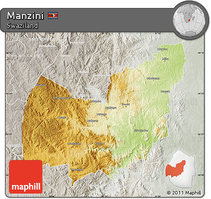 Physical Map of Manzini, lighten, semi-desaturated