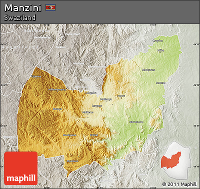 Physical Map of Manzini, lighten, semi-desaturated