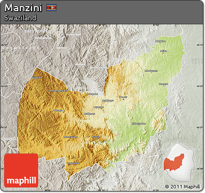 Physical Map of Manzini, lighten, semi-desaturated
