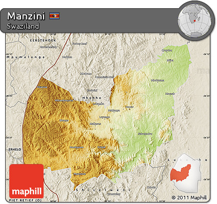 Physical Map of Manzini, shaded relief outside