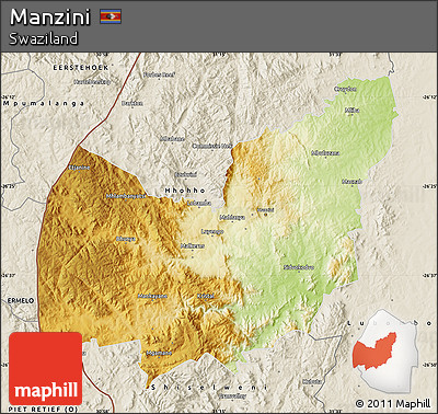 Physical Map of Manzini, shaded relief outside