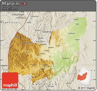 Physical Map of Manzini, shaded relief outside
