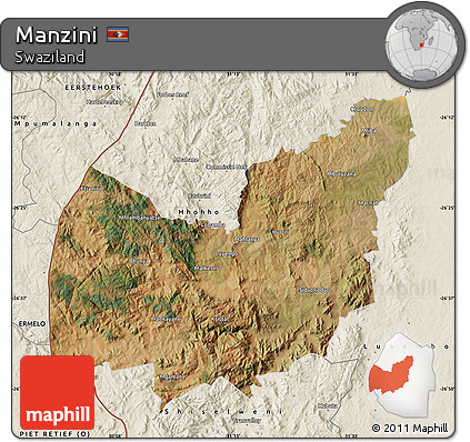Satellite Map of Manzini, shaded relief outside