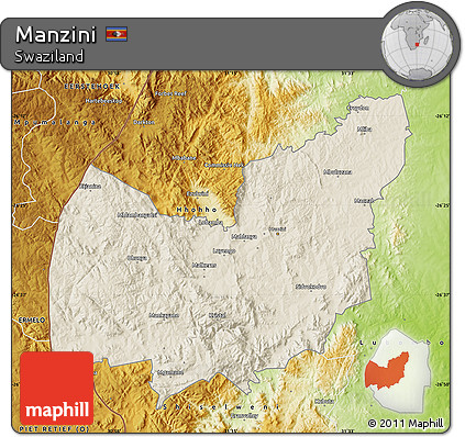 Shaded Relief Map of Manzini, physical outside