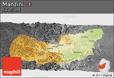 Physical Panoramic Map of Manzini, darken, desaturated