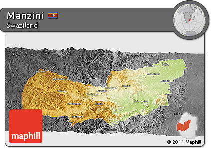 Physical Panoramic Map of Manzini, darken, desaturated