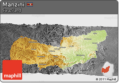 Physical Panoramic Map of Manzini, darken, desaturated