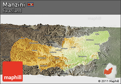 Physical Panoramic Map of Manzini, darken, semi-desaturated